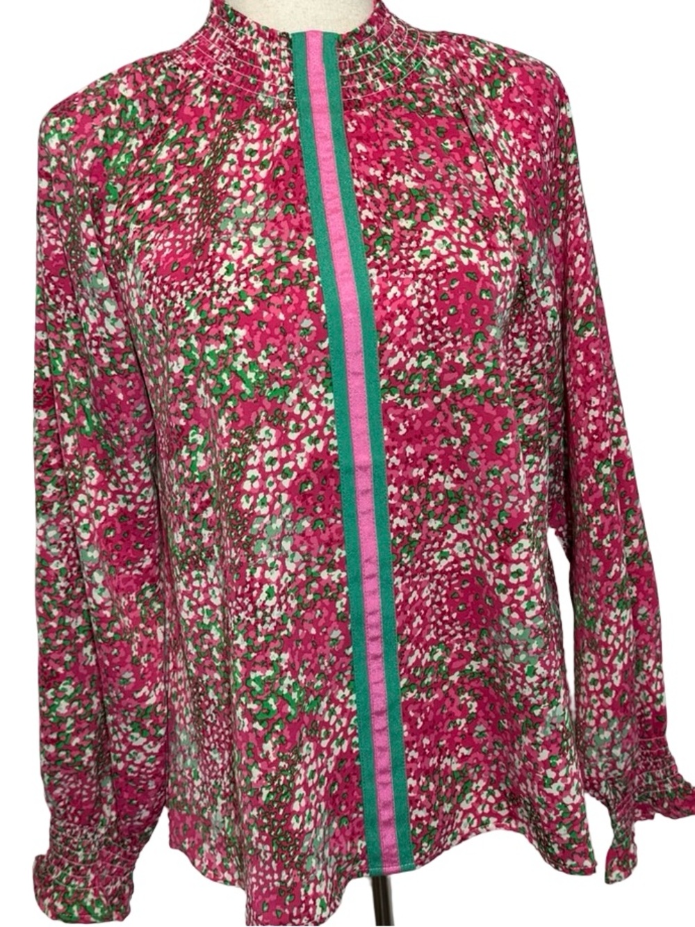 THML Pink Floral Silky  Long Sleeve Blouse with Green & White Accents SZ M